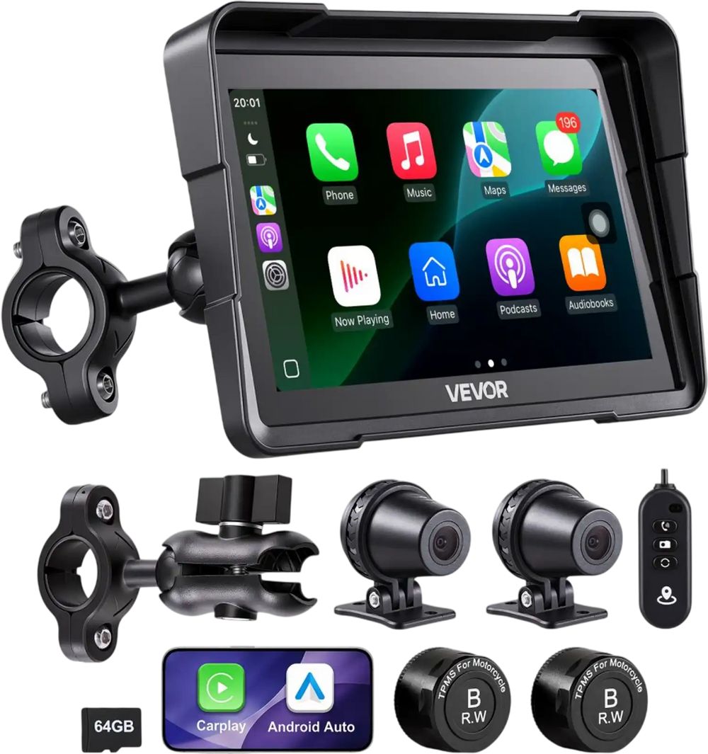 VEVOR 7 Inch Wireless Motorcycle Carplay with Apple Carplay & Android Auto, HD Touchscreen GPS Navigation System with Dual Cameras & Bluetooth, TPMS, Voice Control, 64GB Card - Fits All Motorcycles