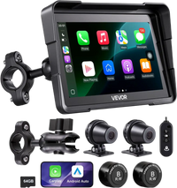 VEVOR 7 Inch Wireless Motorcycle Carplay with Apple Carplay & Android Auto, HD Touchscreen GPS Navigation System with Dual Cameras & Bluetooth, TPMS, Voice Control, 64GB Card - Fits All Motorcycles