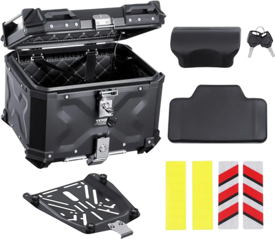 VEVOR Motorcycle Top Case, Universal Aluminum Alloy Motorbike Tail Box with Leather Lining, 45L Waterproof Detachable Motorcycle Top Box with Lock & Back Cushion, Fit for 99% of Motorcycle Frames