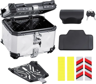 VEVOR Motorcycle Top Case, Universal Aluminum Alloy Motorbike Tail Box with Leather Lining, 45L Waterproof Detachable Motorcycle Top Box with Lock & Back Cushion, Fit for 99% of Motorcycle Frames