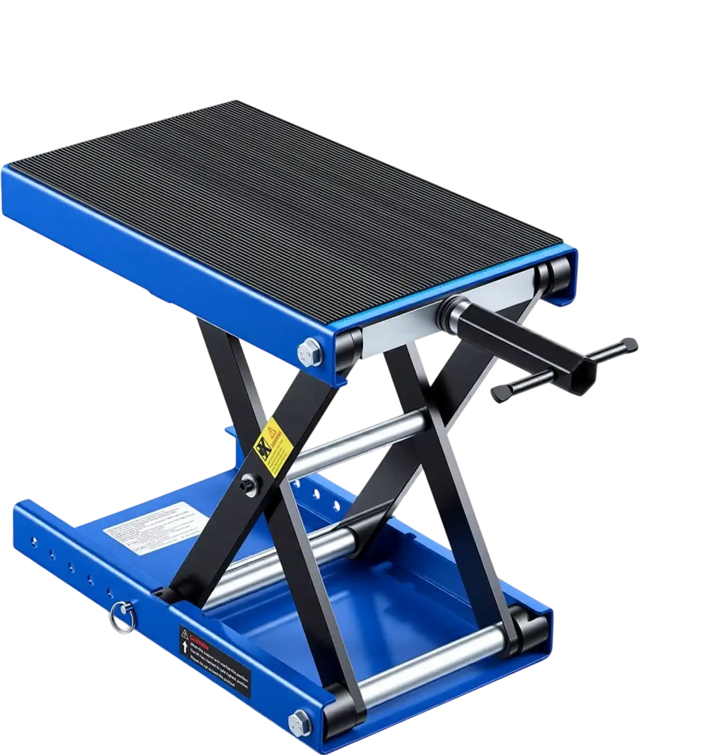 VEVOR Motorcycle Lift, 1100 lbs Motorcycle Scissor Lift Jack with Wide Deck & Lock Pin, 3.74"-13.38" Center Hoist Crank Stand, Steel Scissor Jack for Street Bikes, Cruiser Bikes, Touring, Blue/Black