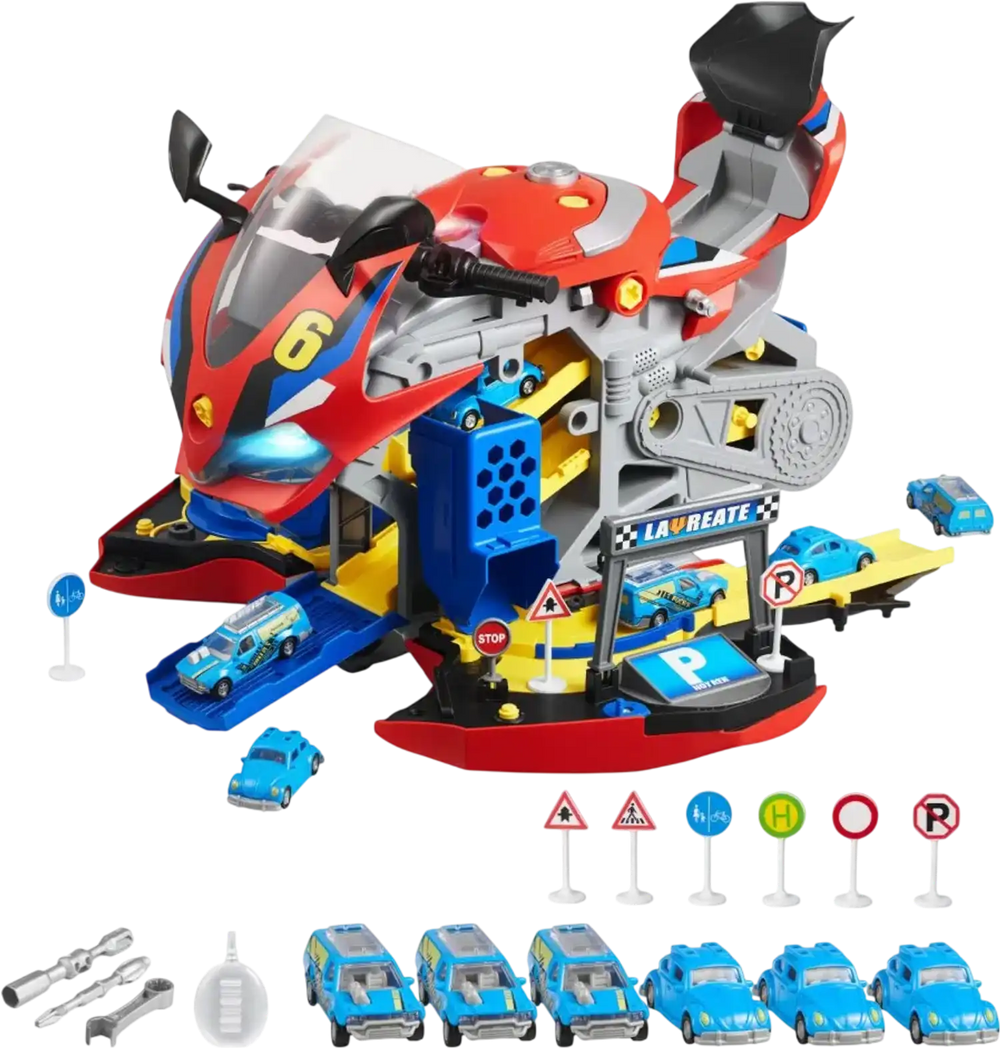 VEVOR Motorcycle Engine Toy, 25 Pieces, Motorcycle Mechanic Toy with Removable Parts, Lights & Sounds, Simulated Riding & Track Racing, Kids Mechanic Workshop Set for Toddler 3 Years and Up, Red