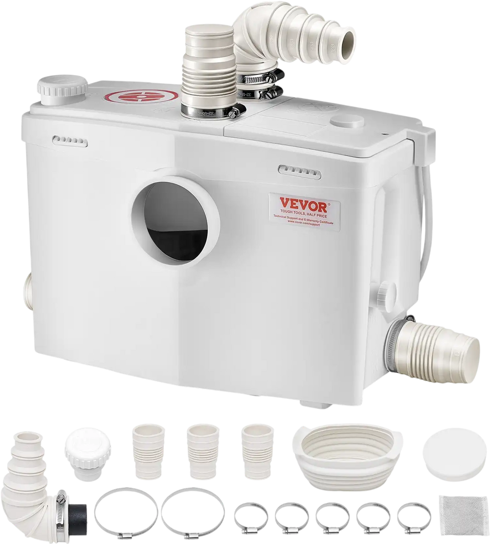 VEVOR Macerator Pump, 1200W, 48 GPM Flow, 33 ft/10 m Head, Macerator Sewerage Toilet Pump with 4 Water Inlets, Waste Water Disposal Upflush Machine for Toilet, Basement, Shower, Sink, Laundry, Bathtub