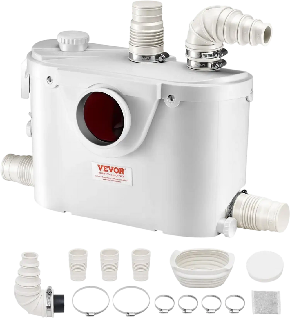 VEVOR Macerator Pump, 500W, 29 GPM Flow, 26 ft/8 m Head, Macerator Sewerage Toilet Pump with 4 Water Inlets, Waste Water Disposal Upflush Machine for Toilet, Basement, Shower, Sink, Laundry, Bathtub