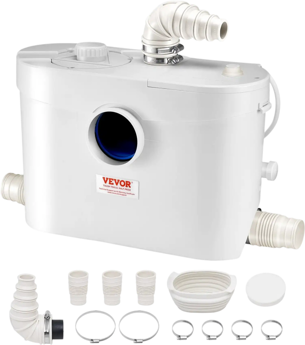 VEVOR Macerator Pump, 900W, 48 GPM Flow, 40 ft/12 m Head, Macerator Sewerage Toilet Pump with 4 Water Inlets, Waste Water Disposal Upflush Machine for Toilet, Basement, Shower, Sink, Laundry, Bathtub