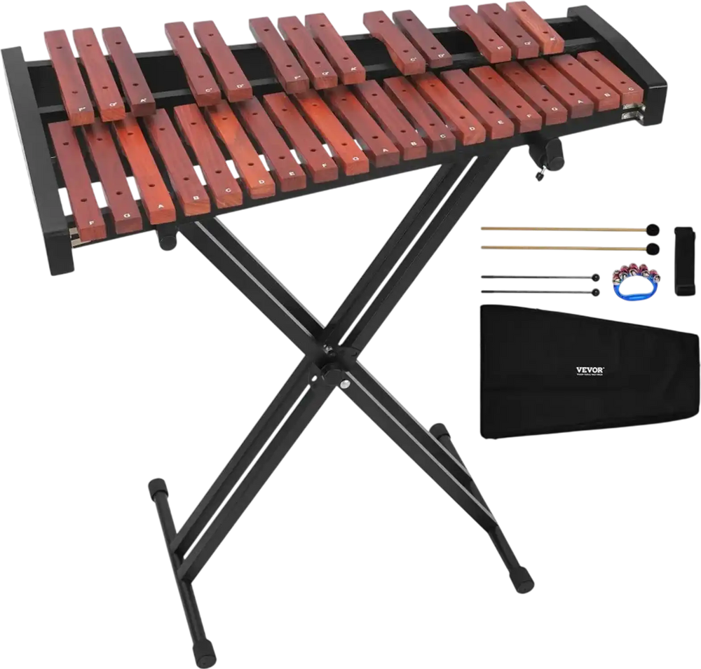 VEVOR Glockenspiel Xylophone, 32 Notes, Wooden Professional Xylophone Percussion Instrument, with Height Adjustable Stand, 4 Mallets, Carrying Bag, Beginner Musical Instrument Kit for Adults and Kids