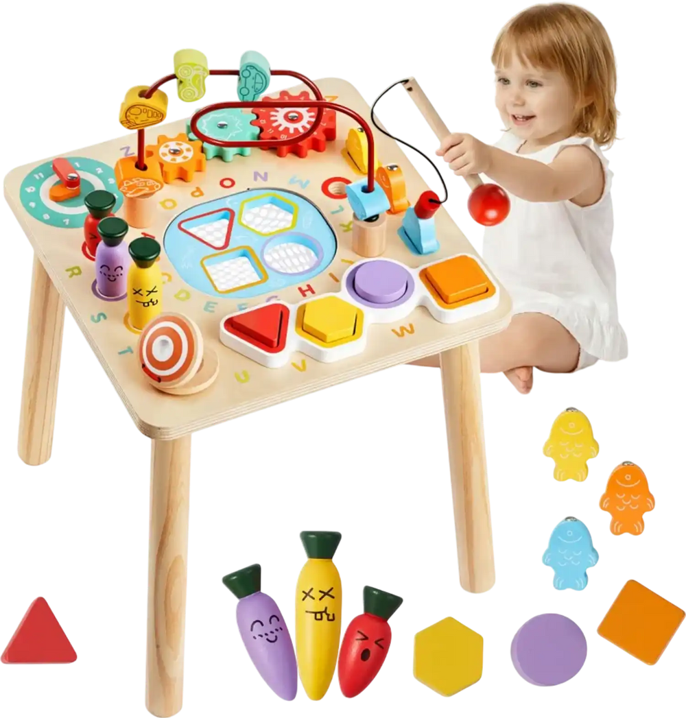 VEVOR Montessori Activity Table for Toddler 1-3 Years Old, 8 in 1 Wooden Learn Activity Desk, Baby Play Table for Boys & Girls Aged 6+ Months, Great Birthday, Christmas, Children's Day Present
