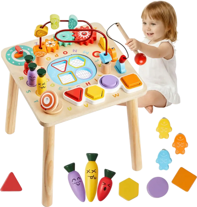 VEVOR Montessori Activity Table for Toddler 1-3 Years Old, 8 in 1 Wooden Learn Activity Desk, Baby Play Table for Boys & Girls Aged 6+ Months, Great Birthday, Christmas, Children's Day Present