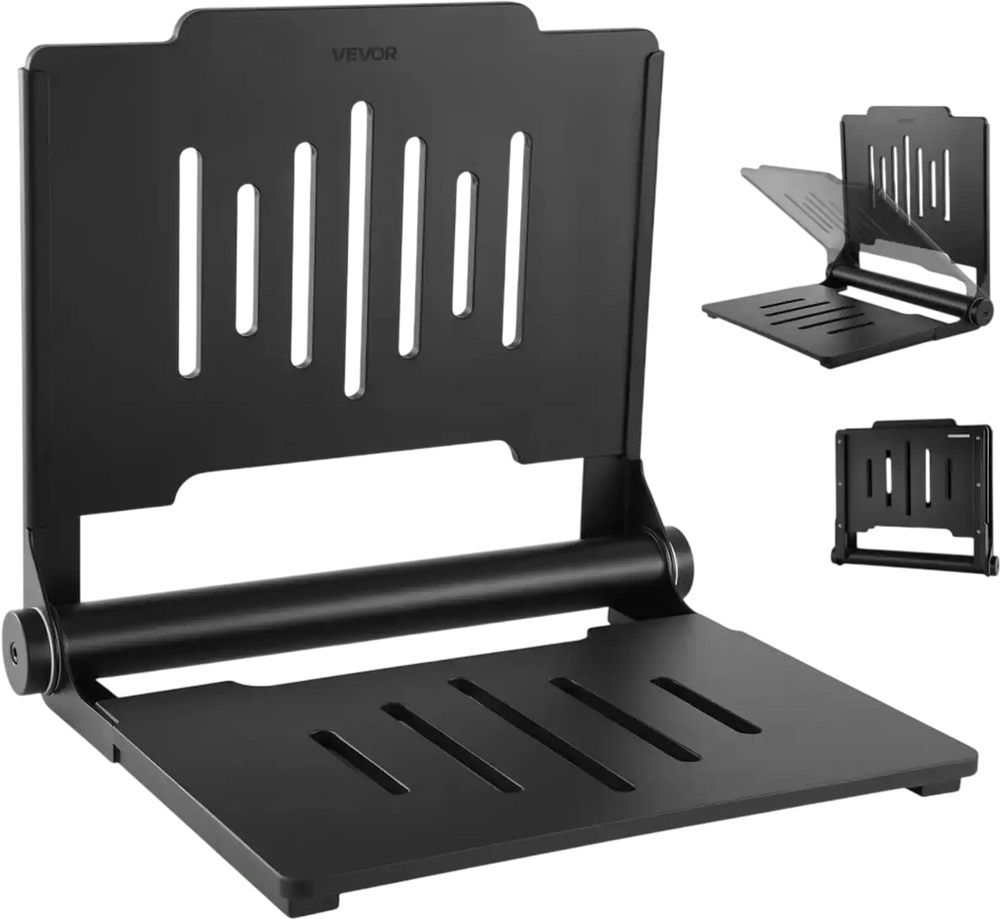 VEVOR Foldable Shower Seat Wall Mounted, 17.8" Folding Shower Bench with Supportive Backrest, Plastic Fold-Down Bathroom Corridor Seat with Stainless Steel Frame for Adults Seniors, 400LBS Loading