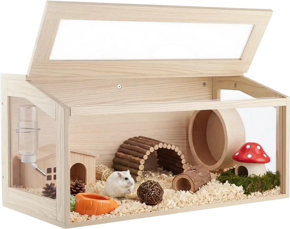 VEVOR Wooden Hamster Cage 31.9"x16.1"x16.1" 270° Viewing Hamster Habitat, Chewproof Acrylic Small Animal Cage with Openable Top, Large Pet Enclosure for Syrian/Dwarf Hamsters, Guinea Pigs & Gerbils