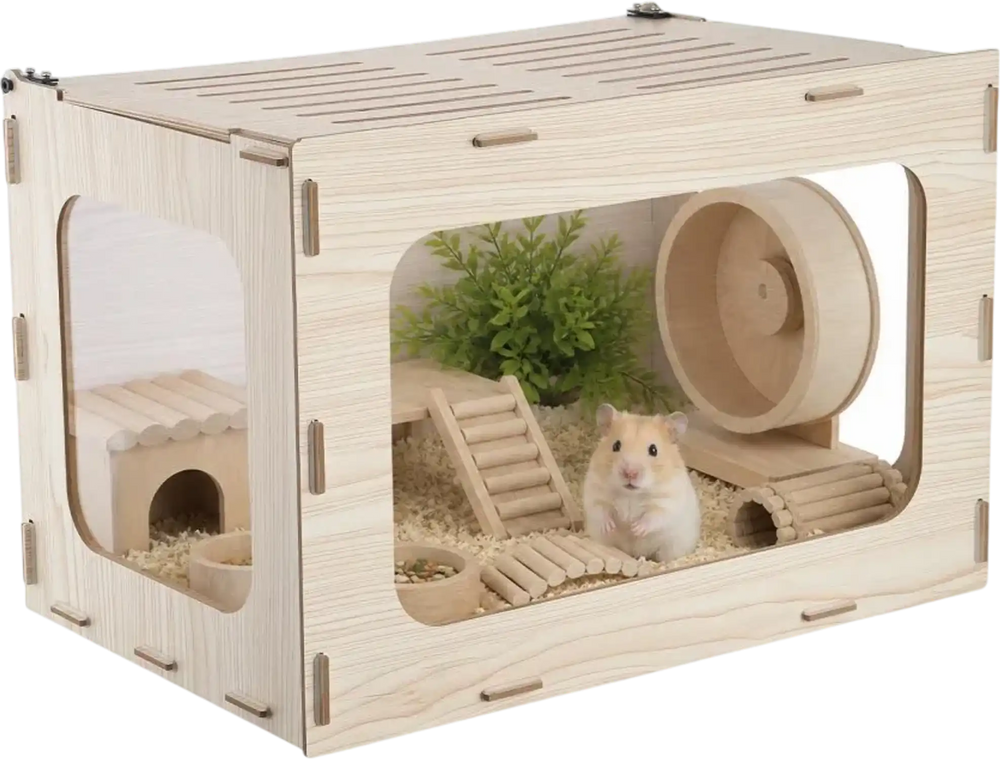 VEVOR Wooden Hamster Cage 23.8"x15.9"x15.9" 270° Viewing Hamster Habitat, Chewproof Small Animal Cage with Openable Top, Large Pet House Wood Enclosure for Syrian/Dwarf Hamsters, Guinea Pigs, Gerbils