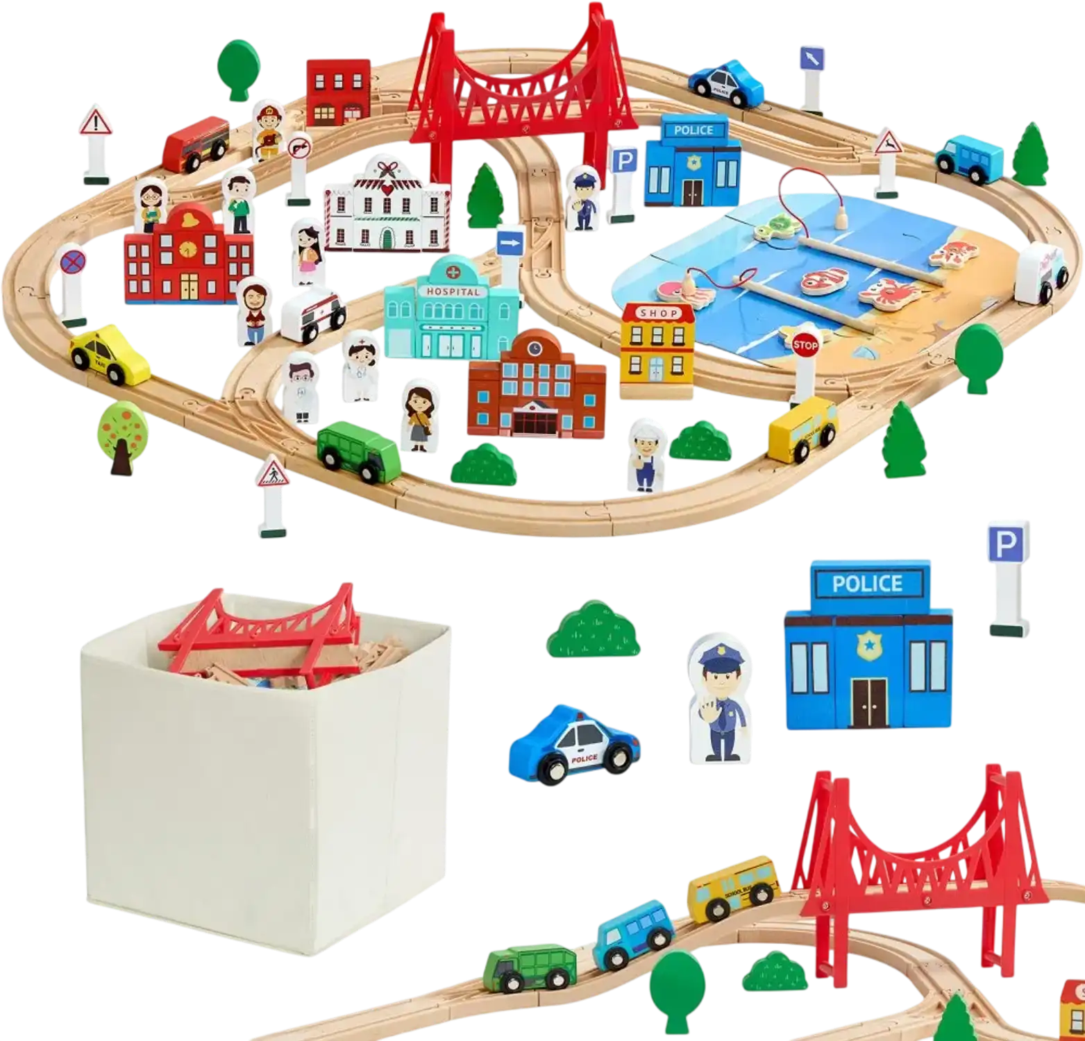 Vevor Wooden Train Track Set 113-Piece City Scene Playset with Storage Box New