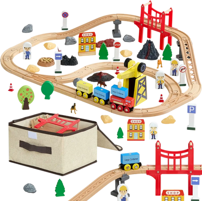 VEVOR 70PCS Wooden Train Set, with Magnetic Crane, Wood Train Track Toy for Kids Ages 3-8, Construction Crane Railway Set, Compatible with Major Brands, Christmas Birthday Toy for Toddlers Boys Girls