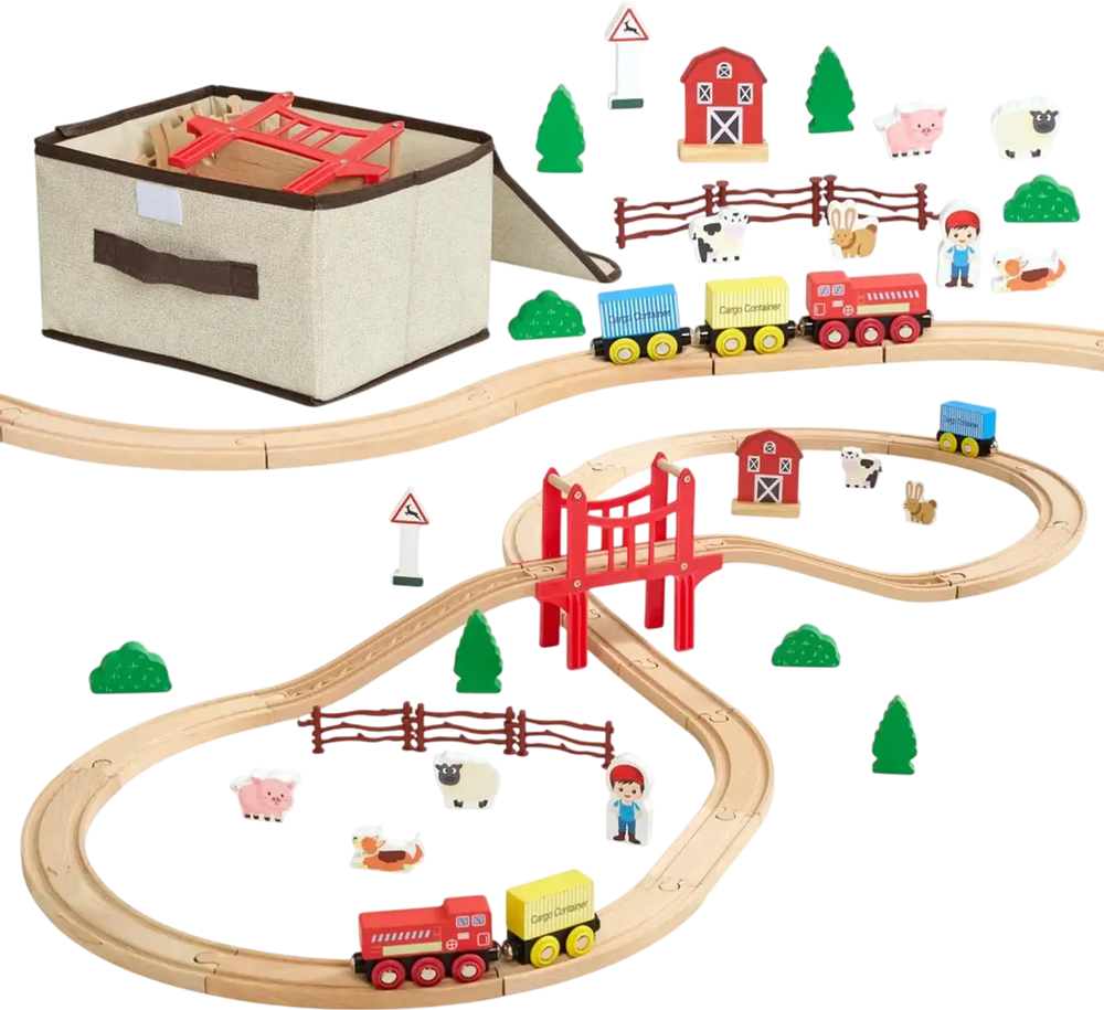 VEVOR Wooden Train Set, 39PCS, Wood Train Track with Magnetic Trains and Railway Accessories, Compatible with Major Brands, Small Town, Christmas Birthday Toy for Kids Toddlers Ages 3-8 Boys and Girls