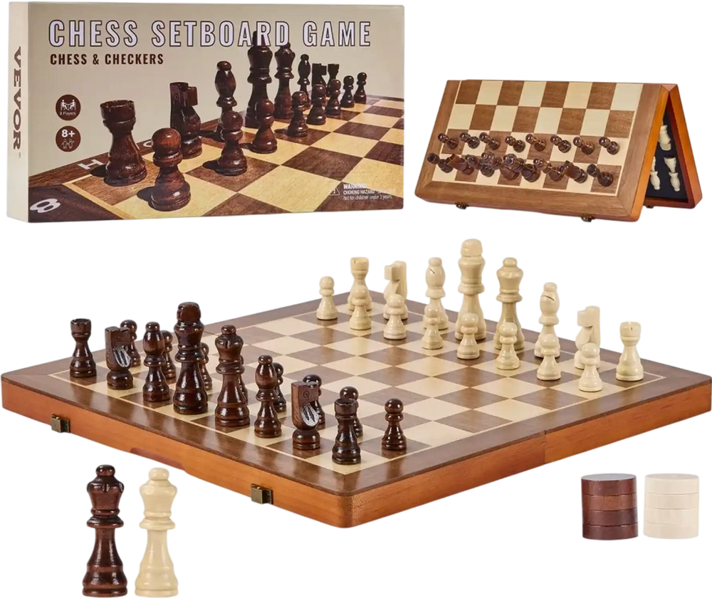 VEVOR Magnetic Wooden Chess Set, 15 inch 2-IN-1 Chess Checkers Game Set, Folding Chess Board Games for Adults Kids, 2 Queens Portable Travel Gift Chess Set for Tournament Professional Beginner