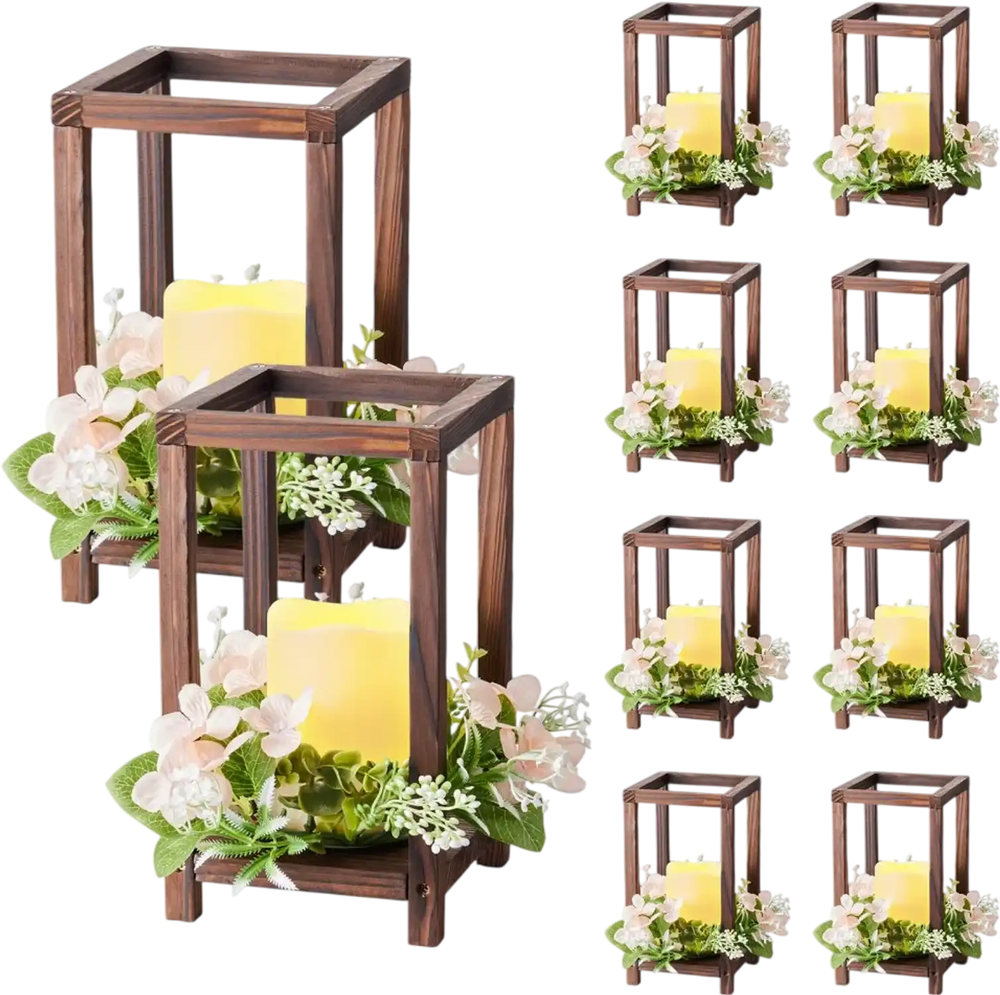 VEVOR 10 Set/30 Pcs Wooden Wedding Lantern Centerpiece, Includes 10 Wooden Lantern Candle Holder 10 Flameless LED Candle 10 Champagne Flower Wreath for Wedding Table Party Farmhouse Decor, Brown