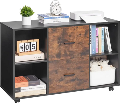 Vevor File Cabinet 2-Drawer Mobile Wooden Filing Cabinet with 4 Open Shelves Black New