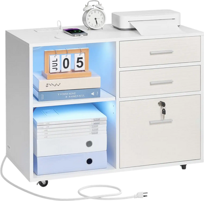 Vevor File Cabinet 3 Drawer Wooden Mobile Filing Cabinet with Light Strip White New