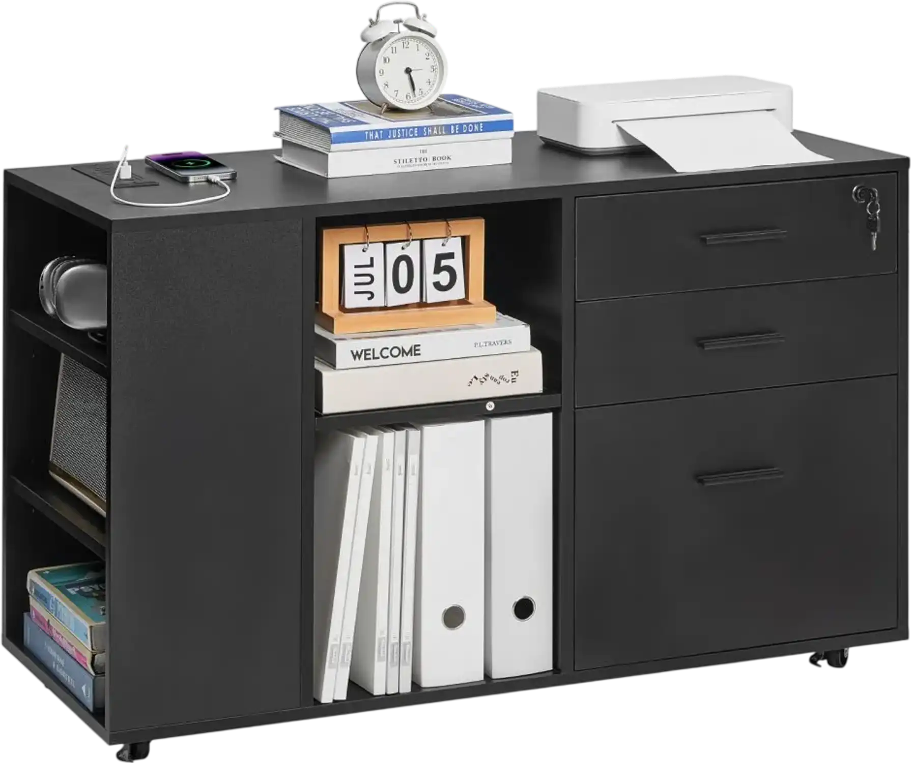 Vevor File Cabinet Rolling Wooden Lockable Mobile Storage with Power Strip 3-Drawer Black New