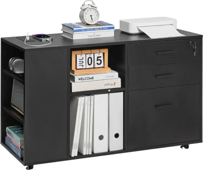 Vevor File Cabinet Rolling Wooden Lockable Mobile Storage with Power Strip 3-Drawer Black New