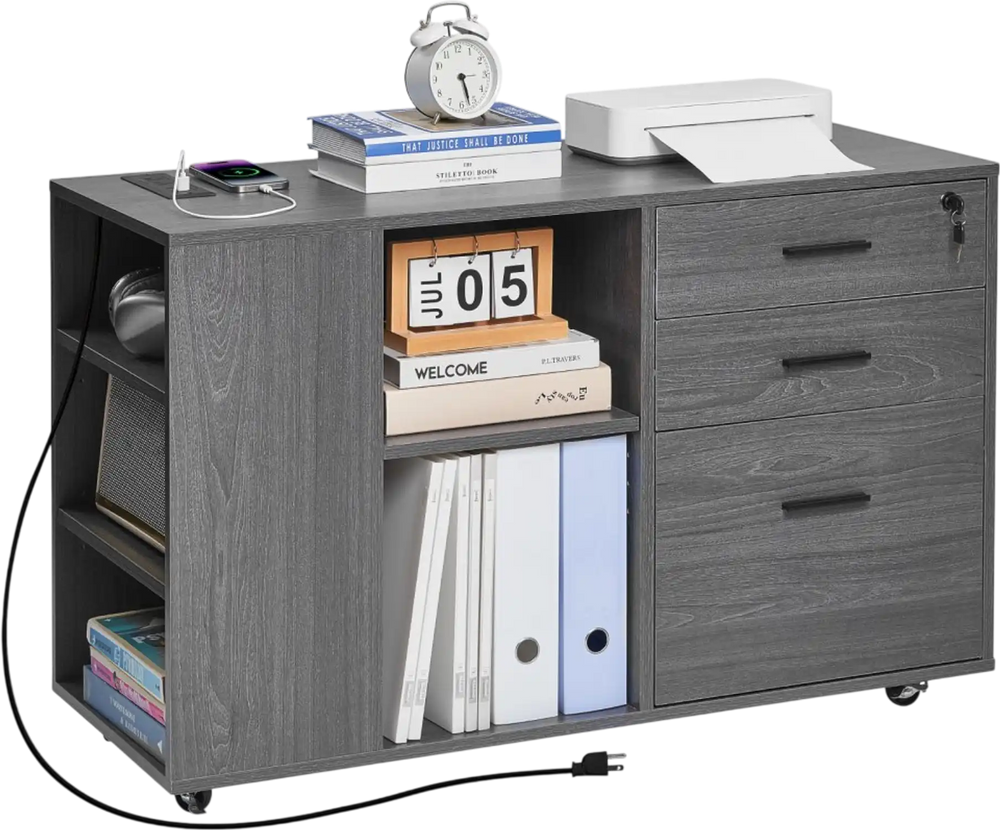 VEVOR 3 Drawer Wooden File Cabinet, Mobile Filing Cabinet with Power Strip, Lockable Rolling File Storage with Adjustable Shelves & 5 Wheels, Floor Standing Printer Stand for Home Office School, Gray