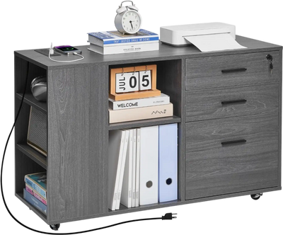 Vevor File Cabinet 3 Drawer Wooden Mobile Filing Cabinet with Power Strip Gray New