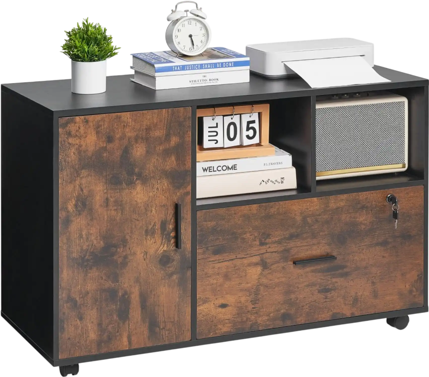 Vevor File Cabinet Mobile Wood Filing Cabinet with Open Shelves Lockable Rustic Brown New