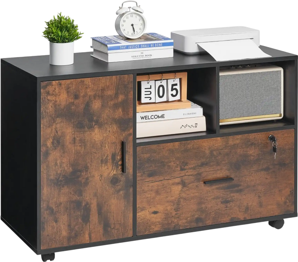 VEVOR Wood File Cabinet, Mobile Filing Cabinet with Open Shelves, Lockable Lateral Rolling File Storage with Adjustable Shelves, Free Standing Printer Stand for Home, Office, School, Rustic Brown