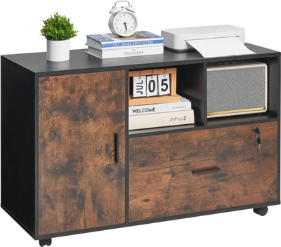 Vevor File Cabinet Mobile Wood Filing Cabinet with Open Shelves Lockable Rustic Brown New