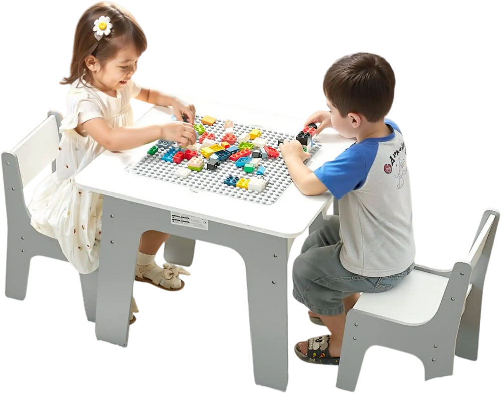 VEVOR 4 in 1 Kid Activity Table and 2 Chairs Set, Graffiti & Building Blocks Double-Sided Tabletop, Toddler Play Table with Storage for Kids 3+ Years, Large Storage Space, Gift for Boys & Girls, White