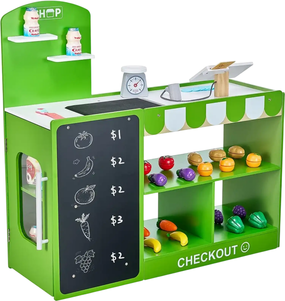 VEVOR Kids Grocery Store Playset, Wooden Play Market Stand with Shopping Bag, Kids Supermarket Pretend Play Store with Conveyor Belt, Scanner, Cash Register, Realistic Scale, Gift for Boys & Girls