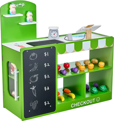 VEVOR Kids Grocery Store Playset, Wooden Play Market Stand with Shopping Bag, Kids Supermarket Pretend Play Store with Conveyor Belt, Scanner, Cash Register, Realistic Scale, Gift for Boys & Girls