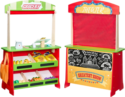 VEVOR Wooden Puppet Theater with Curtains, 2-in-1 Reversible Play Store, Double-Sided Grocery Store Playset with Chalkboard & Cash Register, Kids Pretend Play Market Stand, Gift for Boys & Girls