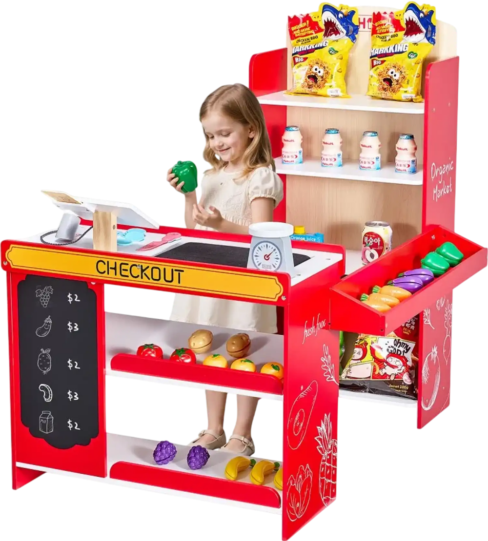 VEVOR Kids Grocery Store Playset, Wooden Play Store with Shopping Bag, Kids Supermarket Pretend Play Toy Set with Conveyor Belt, Scanner, Cash Register, Realistic Scale, Gift for Boys & Girls
