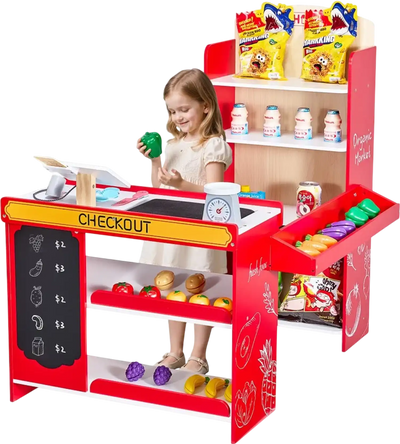 VEVOR Kids Grocery Store Playset, Wooden Play Store with Shopping Bag, Kids Supermarket Pretend Play Toy Set with Conveyor Belt, Scanner, Cash Register, Realistic Scale, Gift for Boys & Girls