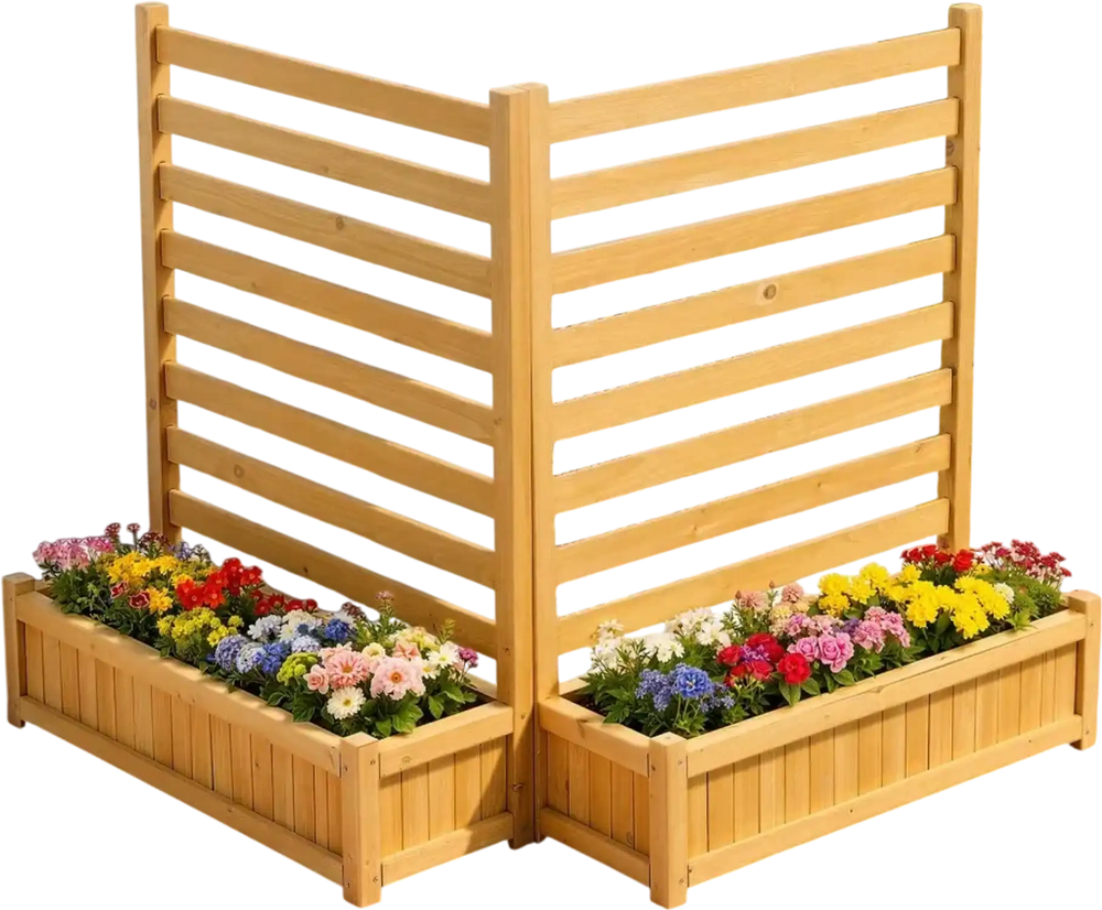 VEVOR Wooden Privacy Fence, 36 x 45 inch Air Conditioner Fence, 2 Slatted Panel Solid Outdoor Wood Privacy Screen with 2 Planters, Metal Stakes, Trash Can Hider Fences Suitable for Garden, Pool
