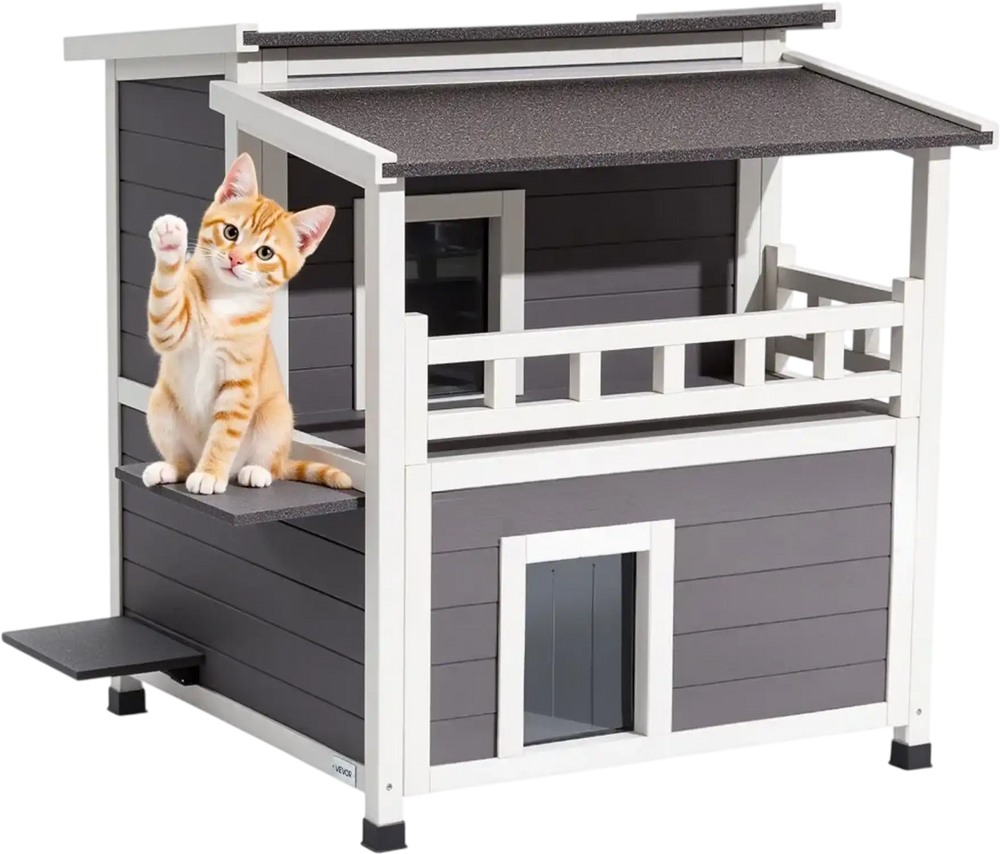 VEVOR Insulated Cat House, 2-Story Wooden Cat Shelter, Foam Insulation, Feral Kitty Shelter with Balcony, Waterproof Cats Condos for Indoor & Outdoor 1-3 Cats in Winter 33 x 29.5 x 32 in