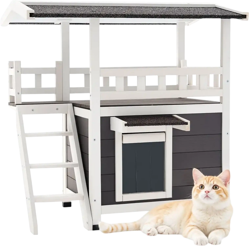 VEVOR Outdoor Cat House, 2-Story Wooden Cat Shelter with Stairs & Balcony, Elevated Feral Kitty Shelter, Spacious Room, Waterproof Cats Condos for Indoor & Outdoor Cats in Winter 30 x 22 x 30 in