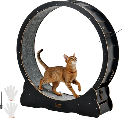 VEVOR Cat Exercise Wheel, 48 in Wooden Cat Running Wheel for Indoor Cats up to 28 lbs, Cats Treadmill with Carpeted Runway & Locking Mechanism, Quiet Kitten Sport Toys for Pets Fitness & Health, Black