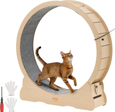 VEVOR Cat Exercise Wheel, 48 in Wooden Cat Running Wheel for Indoor Cats up to 28 lbs, Cats Treadmill with Carpeted Runway & Locking Mechanism, Quiet Roller Kitten Sport Toys for Pets Fitness & Health