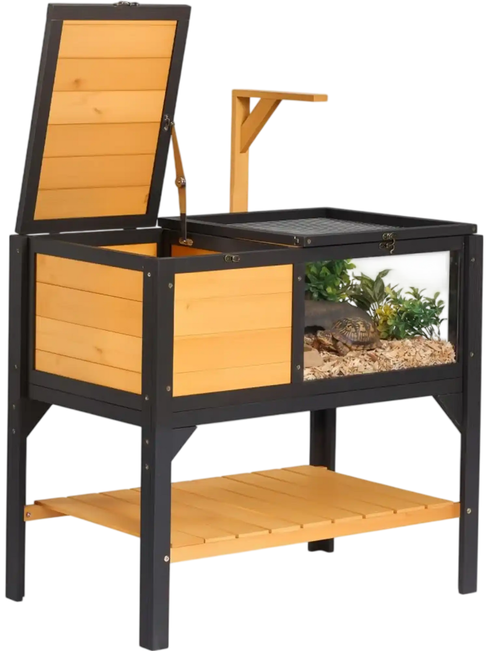 VEVOR Tortoise Habitat 2-Room Wooden Tortoise House with Storage Shelf, for Small Animals Indoor Outdoor, Lamp Stand, Large Turtle Enclosure Reptile Cage with Openable Roof, Acrylic Viewing Window