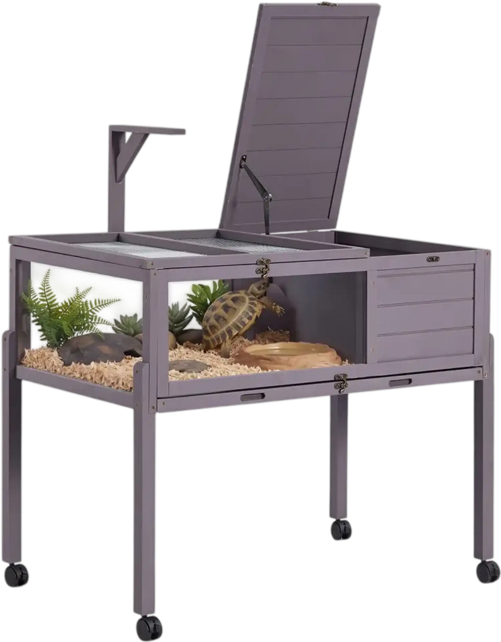VEVOR Tortoise Habitat 2-Room Wooden Tortoise House with Swivel Casters, for Small Animals Indoor Outdoor, Pull-Out Tray, Lamp Stand, Turtle Enclosure Reptile Cage with Openable Roof, Viewing Window