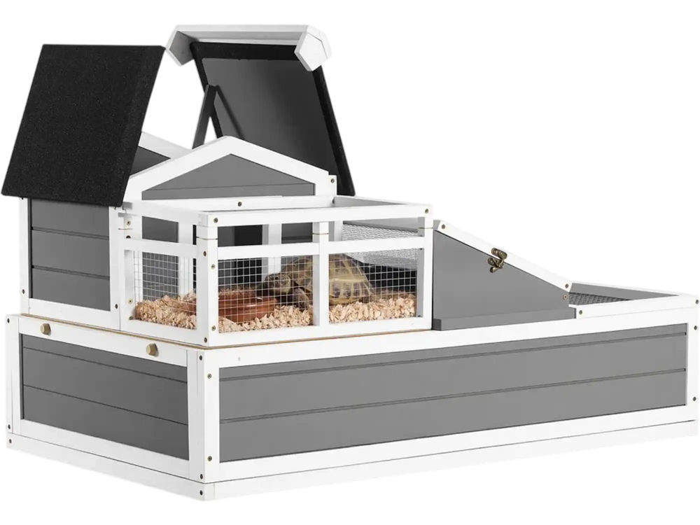 VEVOR Tortoise Habitat 4-Room Wooden Tortoise House with Balcony 2 Stories, for Small Animals Indoor Outdoor, Built-in Ramp, Indoor Large Turtle Enclosure Reptile Cage with Openable Roof, Viewing Area