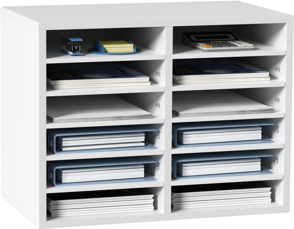 VEVOR Literature Organizers, 12 Compartments Office Mailbox with Adjustable Shelves, Wood Literature Sorter 20.4x12x16.1 inches for Office, Home, Classroom, Mailrooms Organization, EPA Certified White