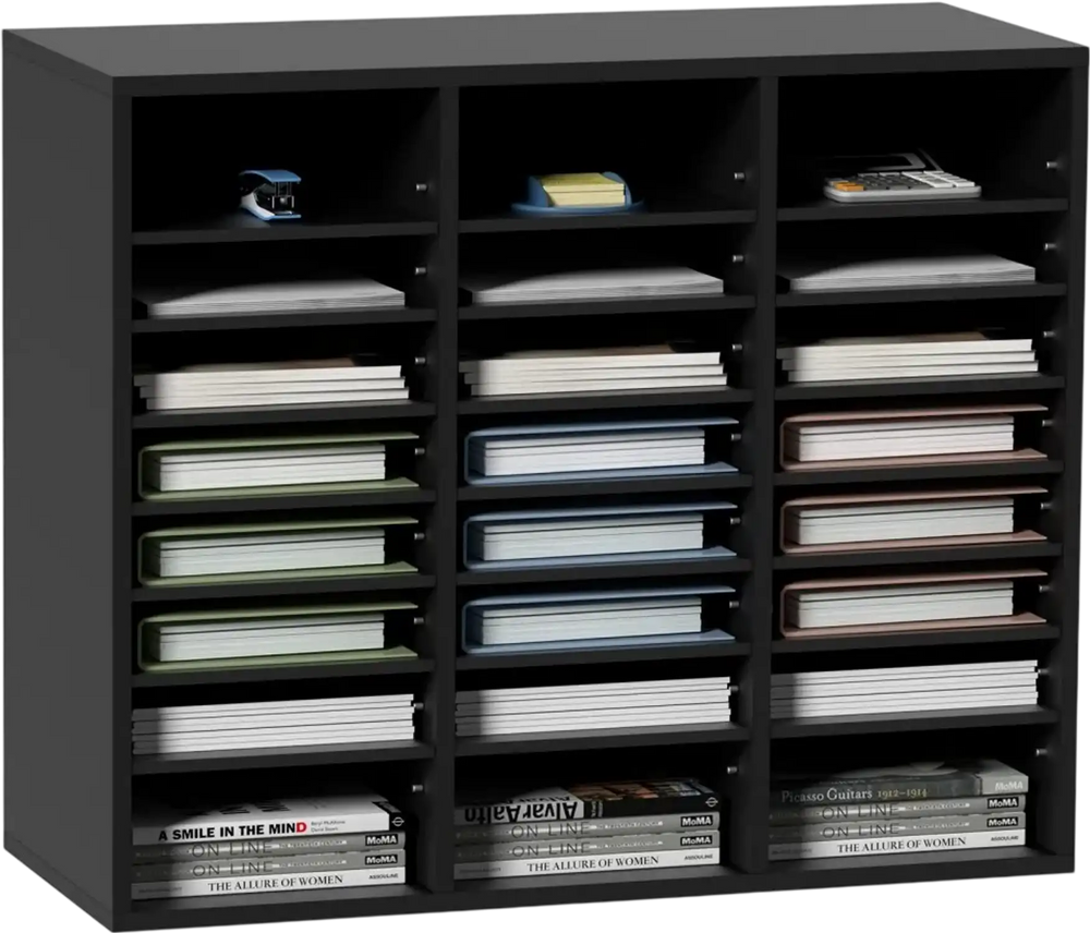 VEVOR Wood Literature Organizer, 24 Compartments, File Sorter with Removable Shelves, Mailboxes Slot for Office Home Classroom Mailrooms Organization, EPA Certified, Black