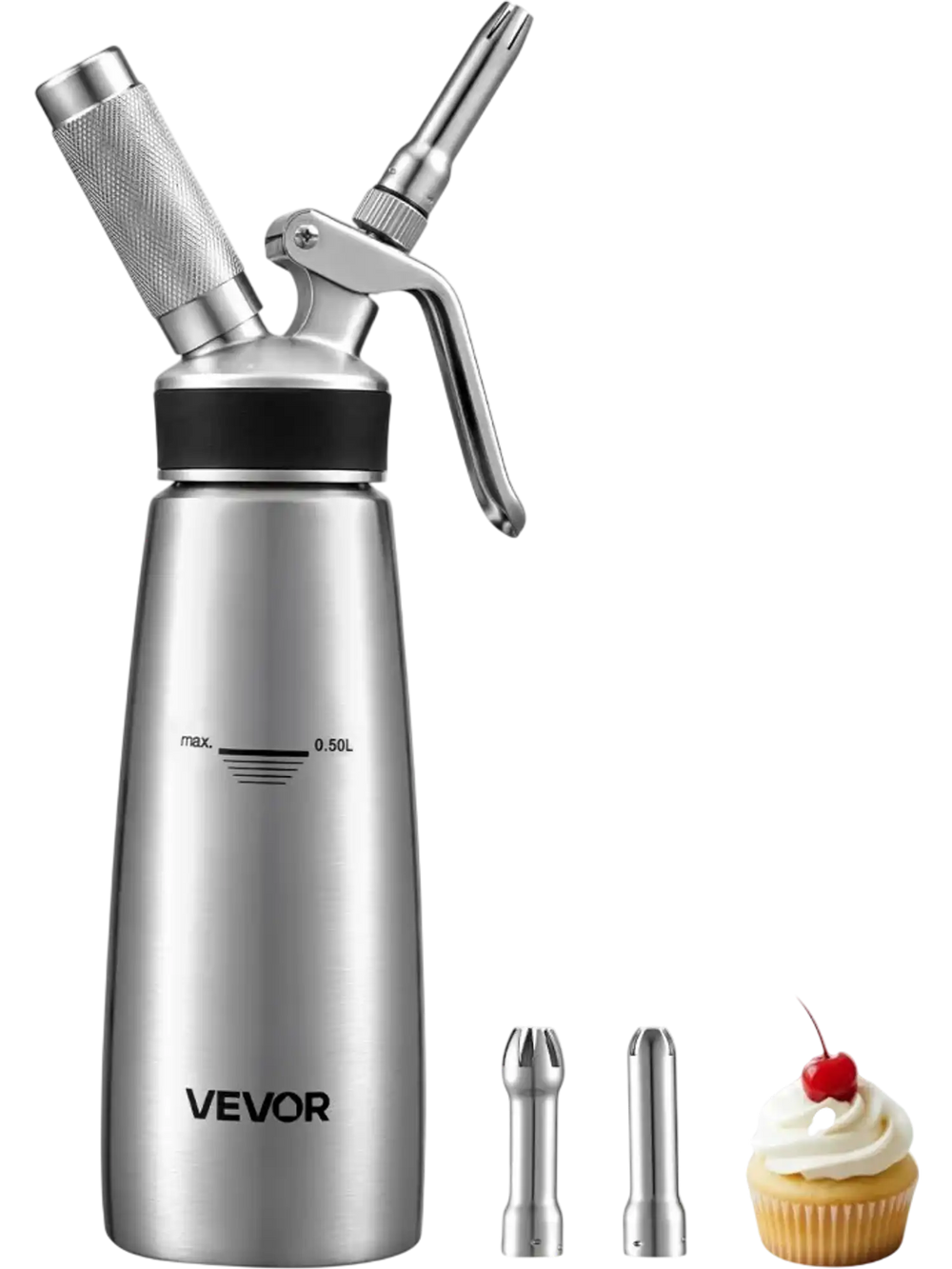 VEVOR Professional 304 Stainless Steel Whipped Cream Dispenser 500ml, Leak-Free Whipped Cream Maker, Whip Cream Canister with 3 Decorating Nozzles & Cleaning Brush, N₂O Chargers (Not Included)