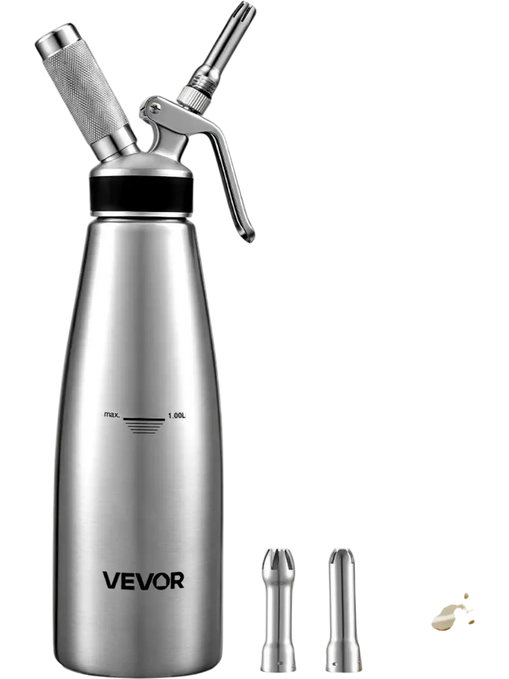 VEVOR Professional 304 Stainless Steel Whipped Cream Dispenser 1000ml, Leak-Free Whipped Cream Maker, Whip Cream Canister with 3 Decorating Nozzles & Cleaning Brush, N₂O Chargers (Not Included)