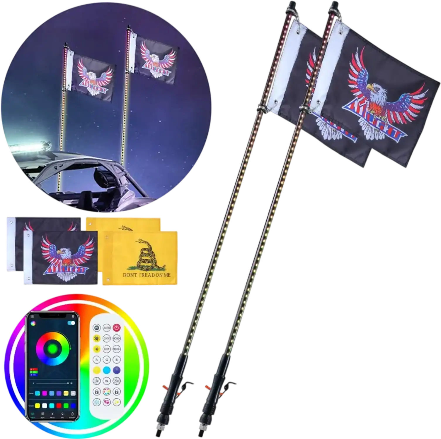 Vevor Whip Light 2-Piece 4' RGB LED Antenna Light with Flags and App Remote New