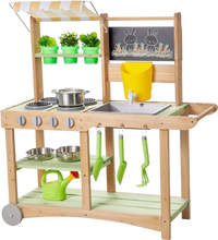 VEVOR Mud Kitchen, Outdoor Mud Kitchen for Kids, Wood Outdoor Play Kitchens with Spoons, Sink, Sunshade Canopy, Swivel Wheels, Cookware Pots and Accessories, Wooden Play Kitchens for Home, Lawn