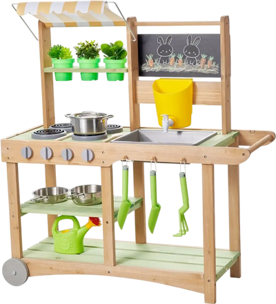 VEVOR Mud Kitchen, Outdoor Mud Kitchen for Kids, Wood Outdoor Play Kitchens with Spoons, Sink, Sunshade Canopy, Swivel Wheels, Cookware Pots and Accessories, Wooden Play Kitchens for Home, Lawn